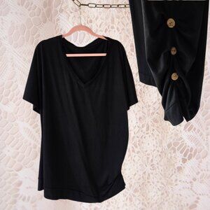 Black Lagenlook Style T-Shirt Blouse Side Ruching Lagenlook Classic Vneck